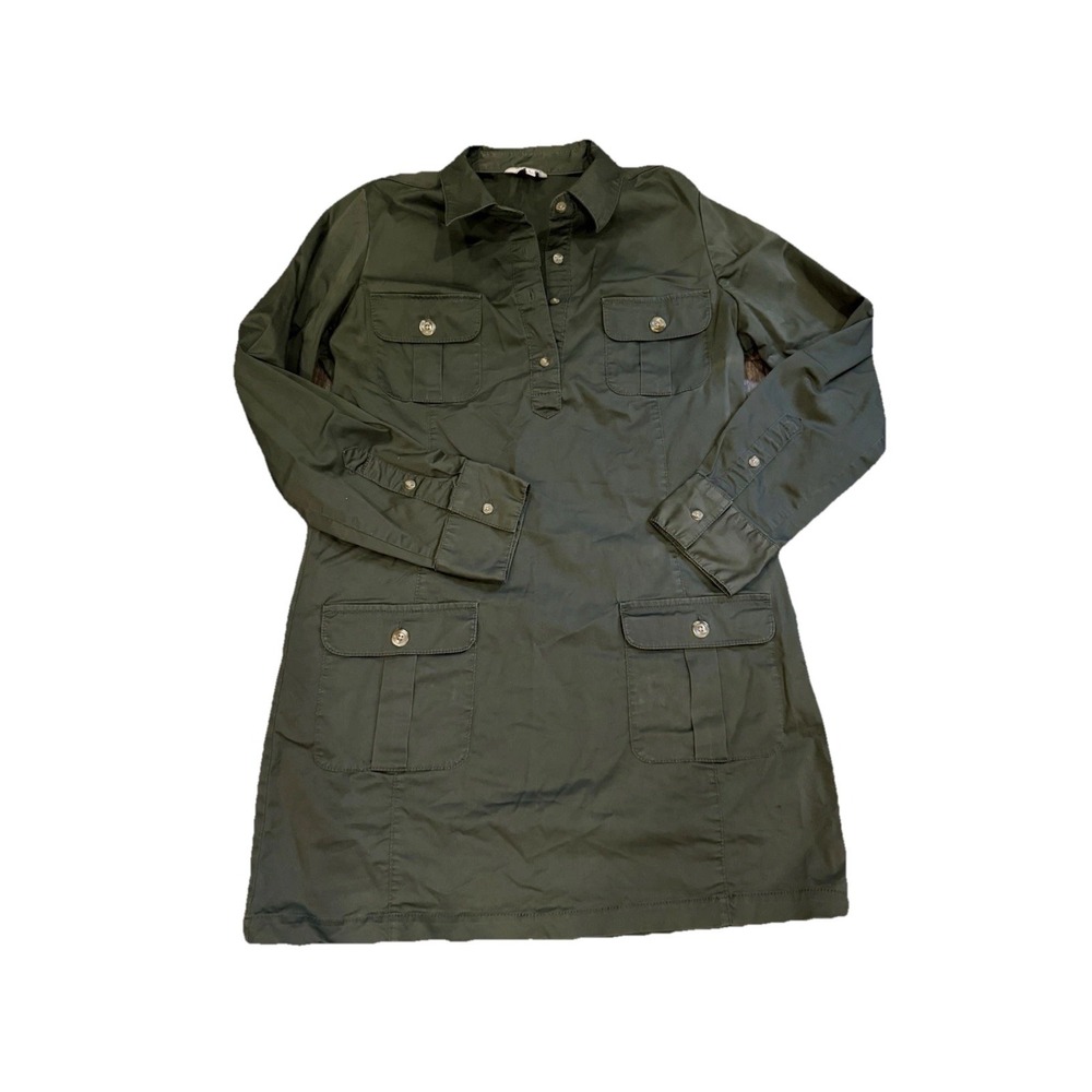 Vintage Y2K Old Navy Green Midi Button Front Utility Cargo Pockets Dress Size Lg